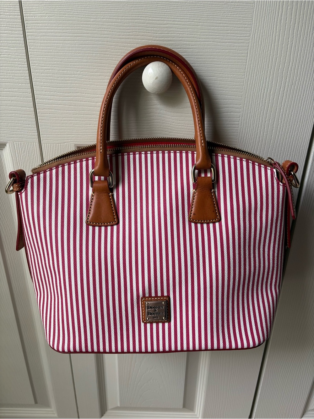 Dooney & Bourke Red and White Striped Satchel with Brown Trim